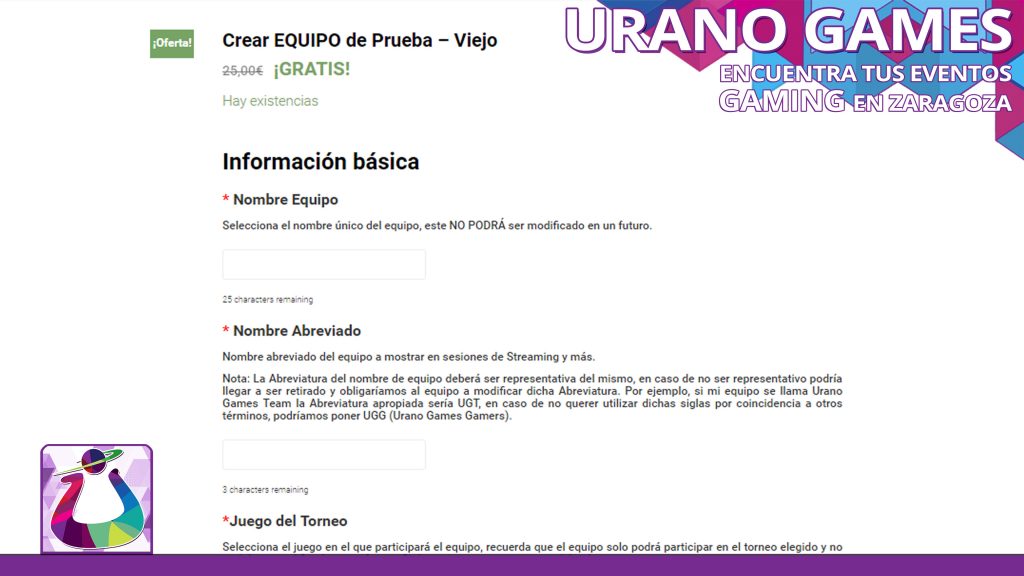 Crear equipo de cuenta web en Urano Games