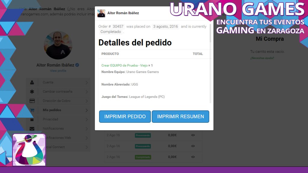 Detalles del pedido en cuenta web por Urano Games